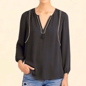 J. Crew Split Neck Tassel Trim Popover Blouse Black Size 0